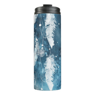 Bouteilles Isothermes Plumes blanches tombantes, aquarelle bleue.