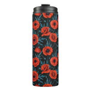 Bouteilles Isothermes Poppies, rouge et bleu sur noir