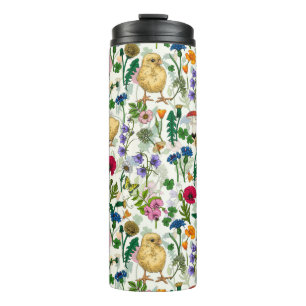 Bouteilles Isothermes Poulets et fleurs sauvages sur blanc cassé