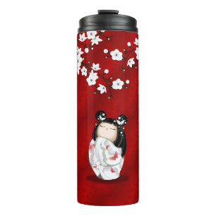 Bouteilles Isothermes Poupée Kokeshi Rouge Noir Blanc Cerisier Fleurs  