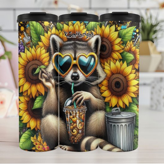 Bouteilles Isothermes Raccoon cool avec café glacé et tournesols