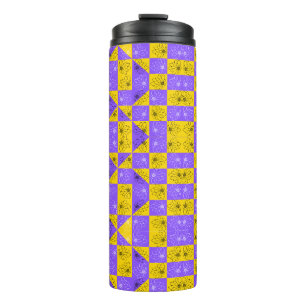 Bouteilles Isothermes Rétro Boho Violet et Jaune Damier aux Marguerites