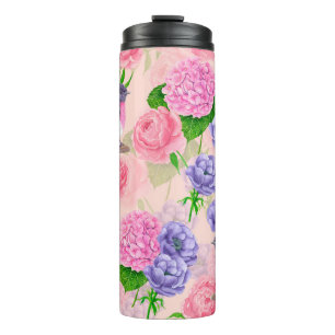 Bouteilles Isothermes Robin et fleurs, motif aquarelle