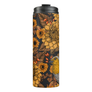Bouteilles Isothermes Robins dans le jardin d'automne sur noir