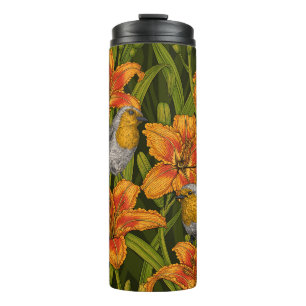 Bouteilles Isothermes Robins et fleurs de lys, orange et vert foncé