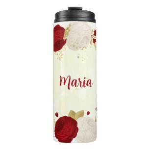 Bouteilles Isothermes Romantique rouge foncé & fleurs blanches