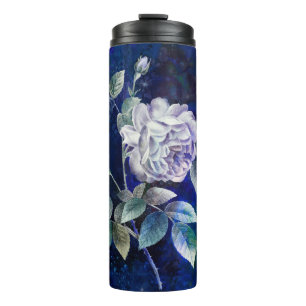 Bouteilles Isothermes Rose blanche sur fond bleu marine texturé