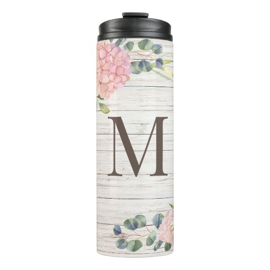 Bouteilles Isothermes Rose de Monogramme en bois vieilli Hydrangea & Euc (Devant)