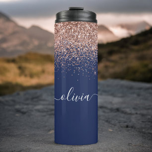 Bouteilles Isothermes Rose Gold Bleu Marine Pailleté Monogramme Rose Pâl