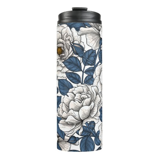 Bouteilles Isothermes Roses blanches avec feuilles bleus sur blanc (Devant)