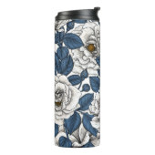 Bouteilles Isothermes Roses blanches avec feuilles bleus sur blanc (Tourné sur la gauche)