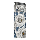 Bouteilles Isothermes Roses blanches avec feuilles bleus sur blanc (Tourné sur la droite)