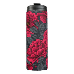 Bouteilles Isothermes Roses rouges avec feuilles gris sur noir