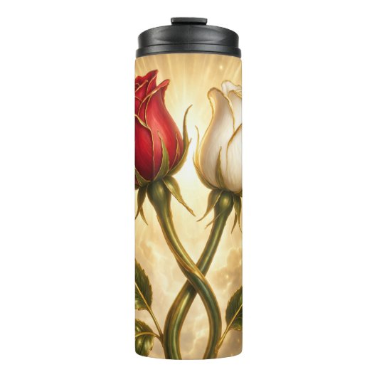 Bouteilles Isothermes Roses rouges et blanches entrelacées. (Devant)