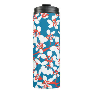 Bouteilles Isothermes Sakura blanc, motif arrière - plan bleu classique.