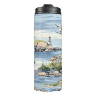 BOUTEILLES ISOTHERMES SCÈNE CÔTIÈRE MARINE À L'AQUARELLE BLEUE