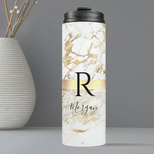 Bouteilles Isothermes Script de nom DIY & monogramme noir, marbre blanc/