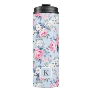 Bouteilles Isothermes Shabby chic rose roses fleurs blanches motif