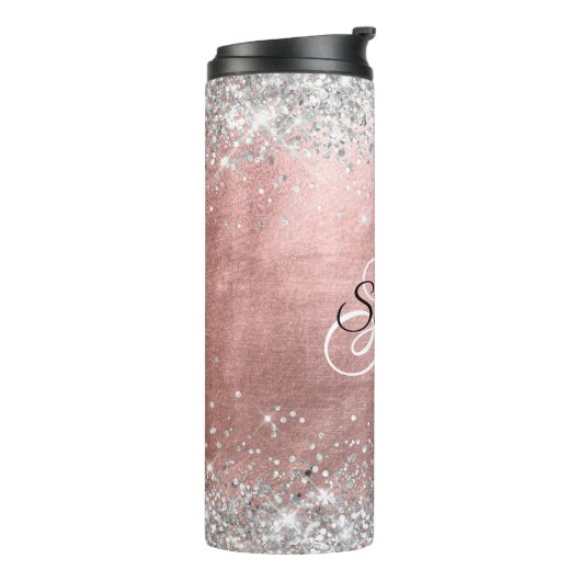 Bouteilles Isothermes Silver Glittery Rose Gold Foil Fancy Monogramme (Tourné sur la gauche)