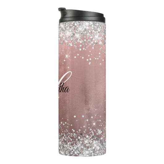 Bouteilles Isothermes Silver Glittery Rose Gold Foil Fancy Monogramme (Tourné sur la droite)