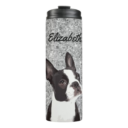Bouteilles Isothermes Silver Sparkle Boston Terrier Chien Nom animal (Devant)