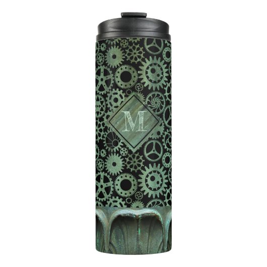 Bouteilles Isothermes Steampunk Verdigris bronze engrenages Monogramme p (Devant)