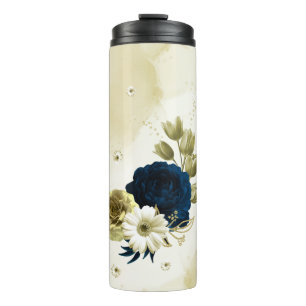 Bouteilles Isothermes tasse thermique à fleurs bleu marine ivoire et or