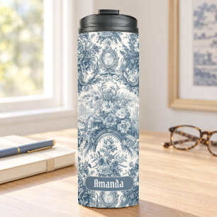 Bouteilles Isothermes Toile de jouy florale bleue vintage monogramme