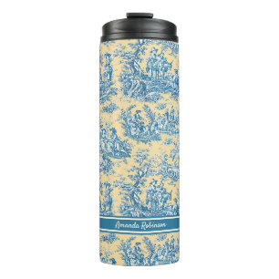 Bouteilles Isothermes Toile de Jouy jaune sarcelle vintage