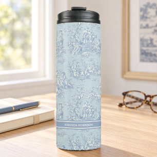 Bouteilles Isothermes Toile de Jouy vintage bleu gris de style campagne