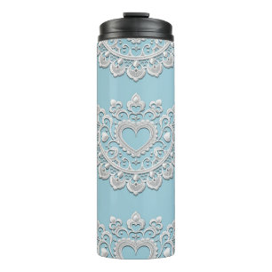 Bouteilles Isothermes Turquoise Bleu Blanc Dentelle Cœur Mariage Nuptial