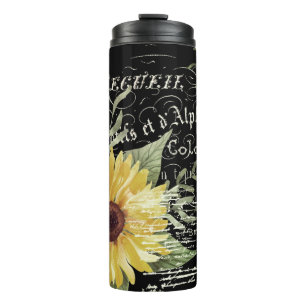 Bouteilles Isothermes Typographie vintage et tournesols en noir