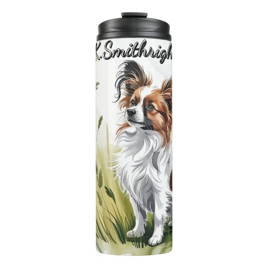 Bouteilles Isothermes Un chien papillon en haute herbe (Devant)