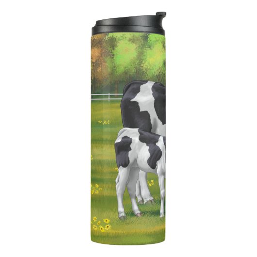 Bouteilles Isothermes Vache Holstein et veau mignon en pâturage d'été (Tourné sur la gauche)