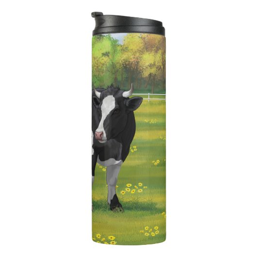 Bouteilles Isothermes Vache Holstein et veau mignon en pâturage d'été (Tourné sur la droite)