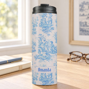 Bouteilles Isothermes Vintage floral bleu turquoise toile jouy monogramm