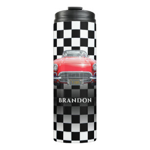Bouteilles Isothermes Voiture de sport rouge, nom blanc, damier N/B