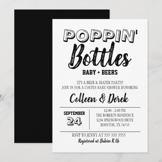 Bouteilles Poppin' Baby shower noir Invitation (Devant / Derrière)