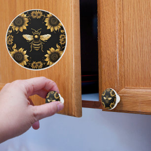 Bouton De Porte En Céramique Abeille dorée et tournesols