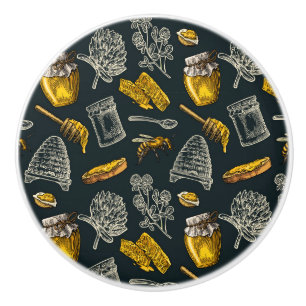 Bouton De Porte En Céramique Abeille miel foncé ruche jaune vintage naturel
