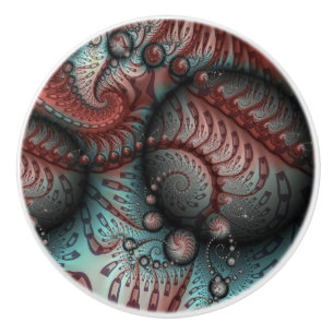 Bouton De Porte En Céramique Abstrait Fantaisie Vive Art Fractal Brun Bleu