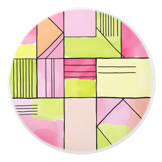 Bouton De Porte En Céramique Abstrait patchwork rose et vert citron (Devant)