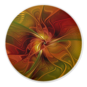 Bouton De Porte En Céramique Abstrait Rouge Orange Brown Vert Fractal Art Flowe