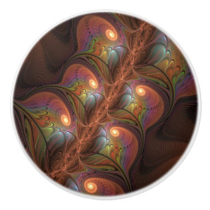 Bouton De Porte En Céramique Abstrait Trippy Brun Fractal Fluorescent Coloré