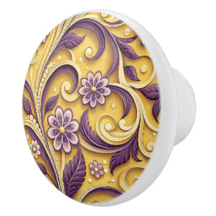 Bouton De Porte En Céramique Accent Floral Doré Violet Élégant Vintage