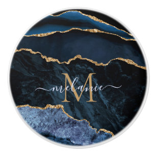 Bouton De Porte En Céramique Agate Marine Blue Gold Gemstone Marble Nom du mono