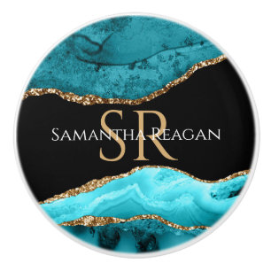 Bouton De Porte En Céramique Agate sarcelle, noire et or, nom et monogramme DIY
