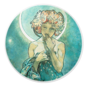 Bouton De Porte En Céramique Alphonse Mucha Lune Clair De Lune Art Nouveau