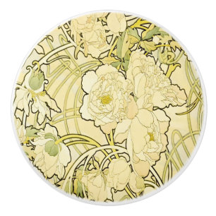 Bouton De Porte En Céramique Alphonse Mucha Pivoines Motif Floral Art Nouveau