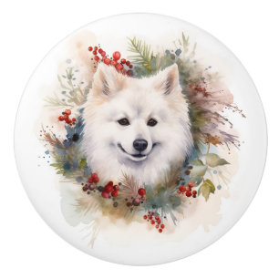 Bouton De Porte En Céramique American Eskimo Christmas Wreath Festive Pup